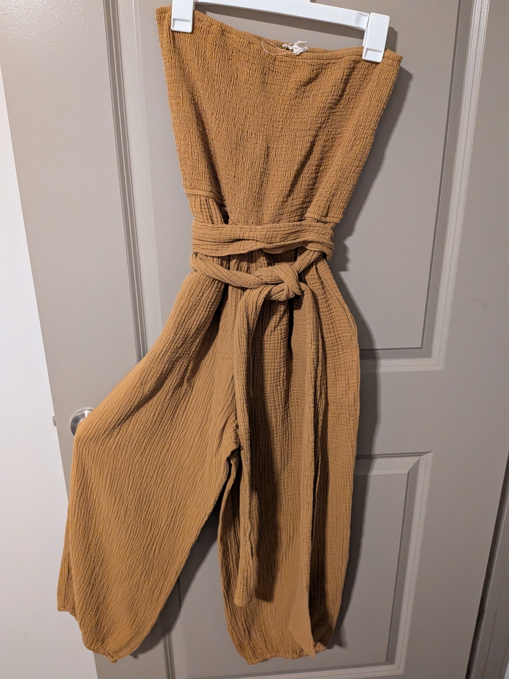 Strapless Wide-Leg Jumpsuit in Camel